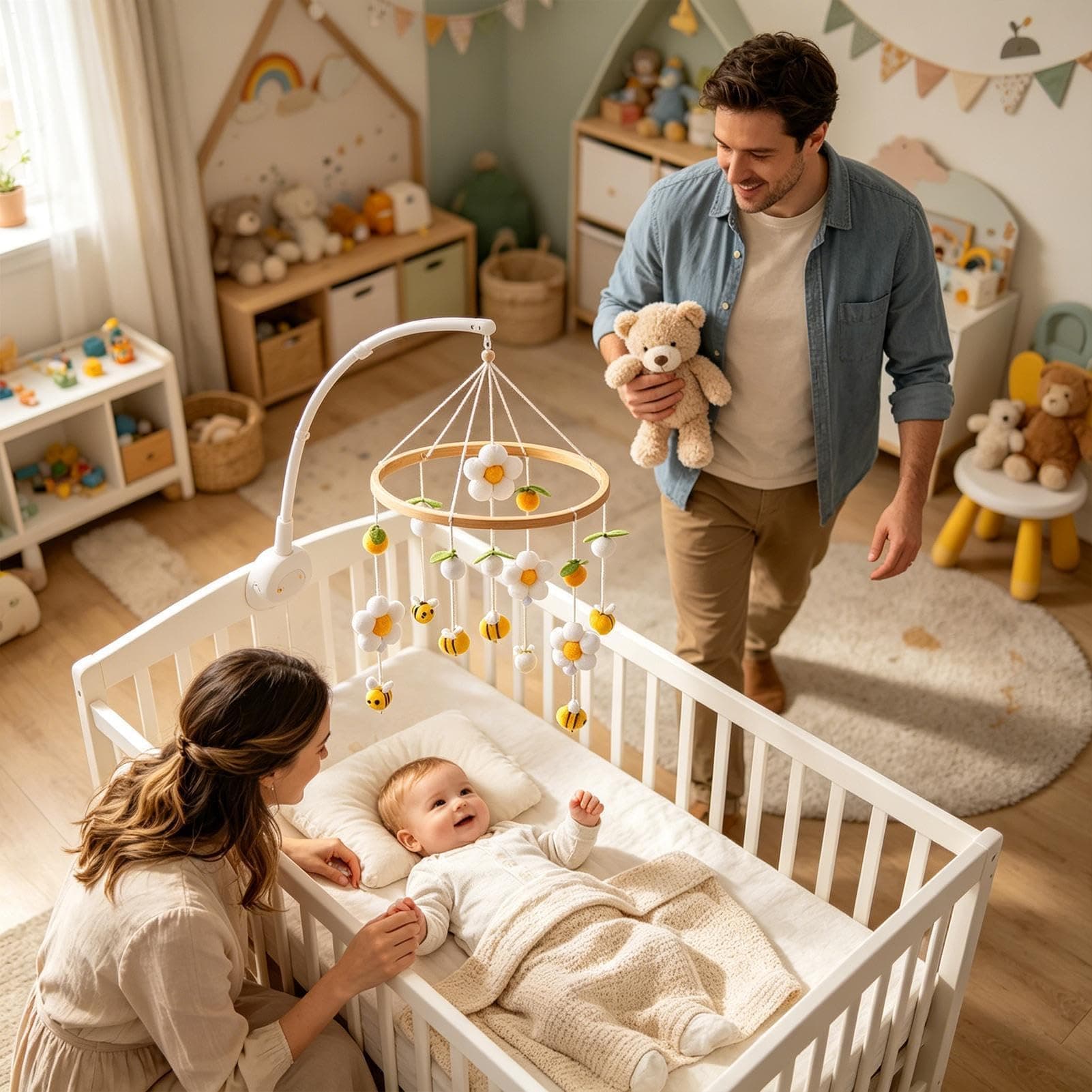 Móvil De Cuna, Decoración De Madera, con Pompones, Flores y Abejas Móvil de Cuna de Madera, Para Niños Pequeños, Guardería, Sala De Juegos Y Cochecito thumbnail 3