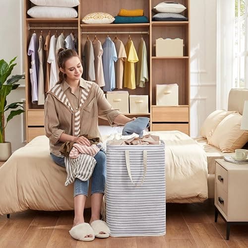 Lifewit 2 Pack Laundry Hamper Large Collapsible Laundry Basket, Freestanding Waterproof Cloth Hamper with Easy Carry Handles in Laundry Room Bedroom Bathroom College Dorm for Adult, Grey&Blue, 2 x 80L thumbnail 8