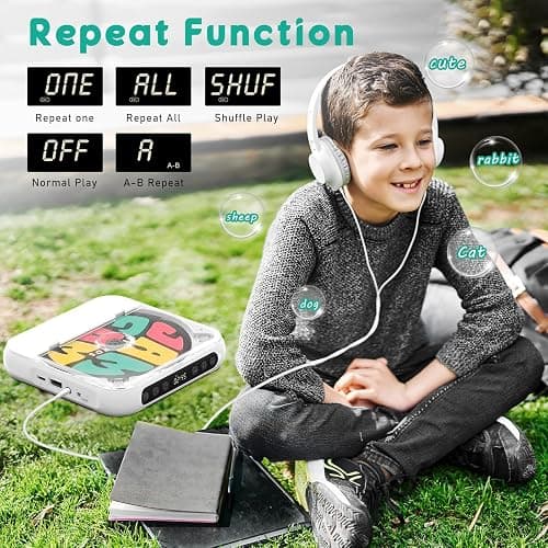 Portable CD Player with Bluetooth, Rechargeable CD Player for Home/Car, Built-in HiFi Speakers, Headphones, LCD Screen, Supports CD/AUX/USB and Repeat Modes, White thumbnail 7