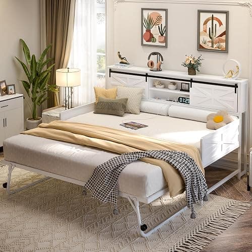 Homieasy Daybed with Trundle, Farmhouse Twin Day Bed with Bookcase Headboard and Charging Station, Heavy Duty Metal Sofa Bed Frame with Pop-up Trundle Bed for Living Room, Bedroom, White thumbnail 5