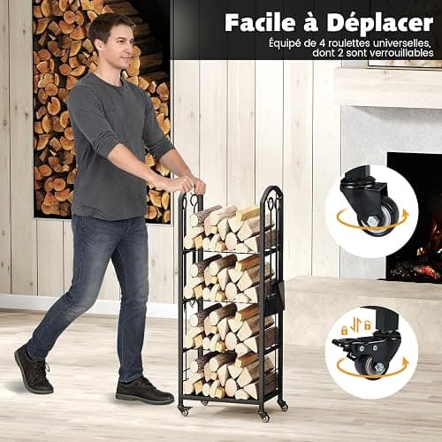 GYMAX Range-Bûches à Roulettes à 4 Niveaux pour Intérieur Extérieur, Porte-bûches avec 4 Outils, Support à Bois de Chauffage en Métal, Organisateur de Bois de Cheminée, Chaque Étagège Charge 60kg thumbnail 5