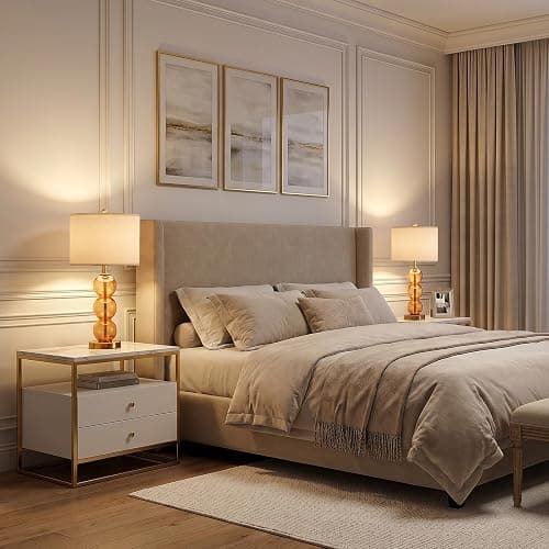 Oneach 25" Amber Glass Table Lamps for Living Room, Glass Modern Table Lamp Set of 2, USB Charging Ports, Linen Shade, Bedside Lamps for Bedroom, Nightstand, Side Table (Bulbs not Included) thumbnail 6