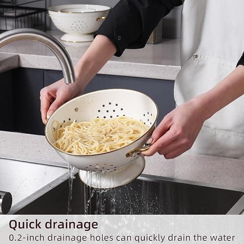 Metal Colander Set of 3, Strainer Basket with Handles perfect for Spaghetti, Pasta, Berry, Vegetable, Fruit, Solid Base Powder Coated Kitchen Essential Strainer Set, 1 & 3.5 & 5 Qt (Cream) thumbnail 2
