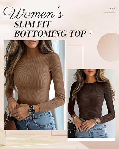 Ficerd 3 Pack Women's Ribbed Long Sleeve Tops, Crew Neck Slim Fit Undershirts Knit Basic Casual Stretch Layering Tee Shirts thumbnail 5