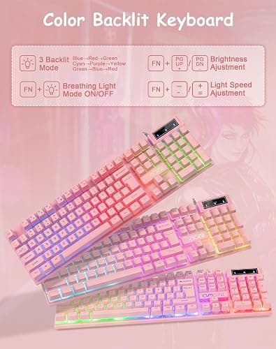 Wired Pink Gaming Keyboard and Mouse Combo with LED Backlit for PC Laptop | Multimedia Function Keys, 19 Key Anti-ghosting, Number Pad, 104 Keys Light Up Keyboard & RGB Mouse Set for Computer PS5 Xbox thumbnail 2