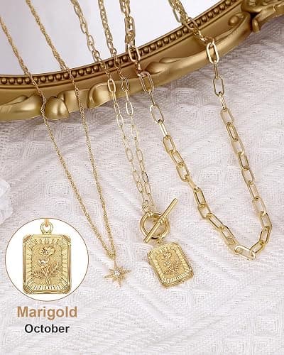 MJartoria Layered Necklaces for Women Trendy, 14K Gold Plated Brass Simple Star Choker Square Flower Pendant Necklace, Paperclip Chain Necklaces Jewelry Gifts thumbnail 4