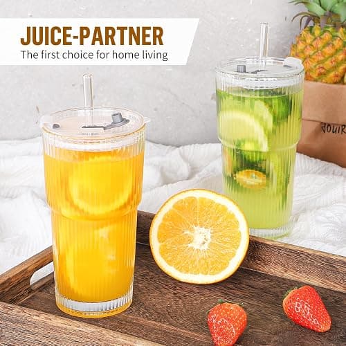 CWHHRN 20 oz Glass Cup with Lid and Straw, Glass Tumbler with Straw and Lid, Vintage Glassware for Whiskey Cocktail Beer, Iced Coffee Cups with Lid (1 PACK) thumbnail 7