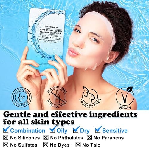 MISSEDSEN Collagen Face Mask with Hyaluronic Acid, Vitamin E Oil for Skin Care Hydrating, Moisturizing, Brightening & Anti Aging Face Masks Skincare for Oil, Dry, Acne, Sensitive All Skin Types 25PCS thumbnail 4