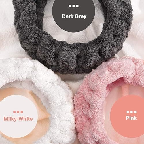 Chuangdi 3 Pieces Spa Headband for Women Facial Makeup Headband Soft Terry Cloth Hairband for Washing Face Mask Spa Shower Gifts(Pink, Milky-White, Dark Grey) thumbnail 2