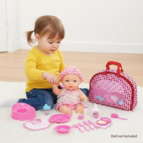 BiBi Doll Baby Doll Accessories Playset 18 Pcs with Carry Storage Bag - Includes Care & Feeding Set, Bottles, Dummy, Potty, Bib, Brush - Portable Nurturing Pretend Play Toy for Girls & Boys Aged 3+ thumbnail 2