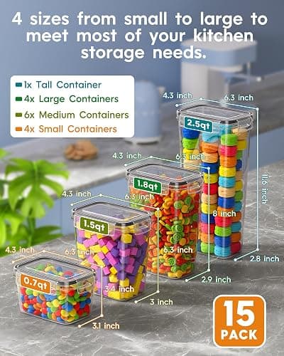 Airtight Food Storage Containers with Lids, 15 PCS Kitchen and Pantry Organization Canisters, BPA-Free, PVC-Free, Food-grade Plastic Leak-proof Jars for Cereal, Flour, Sugar, Extra 24 Labels & Marker thumbnail 3