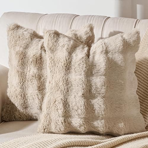 AmHoo Pack of 2 Throw Pillow Covers 3D Dense Faux Rabbit Fur Cozy Super Soft Fuzzy Set Case Cushion for Couch Sofa Bedroom 18 x 18-Inch Oatmeal - Image 1