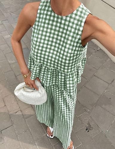 Tanming Women's 2 Piece Set Outfits Gingham Plaid Tank Tops Wide Leg Pants Matching Lounge Sets thumbnail 3