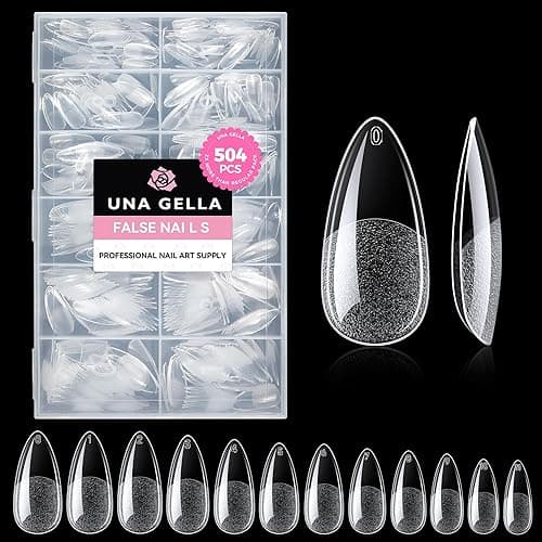 UNA GELLA Almond Gel Nail Tips, 504PCS Pre Etched Clear Fake Nails Tips Medium Almond Shape - 12 Sizes Full Cover Soft Acrylic Press On Nail Extensions No C Curve Gift for Diy at Home - Image 1