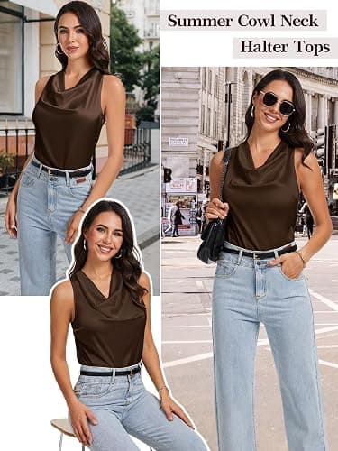 LAOTEPO Cowl Neck Halter Tops for Women Silk Satin Going Out Tank Top Trendy Summer Camisole Business Casual Blouses Outfits thumbnail 6