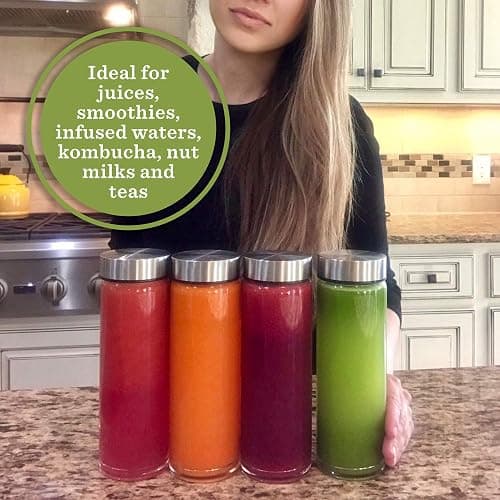 Juice Bottles - 4 Pack Wide Mouth Glass Bottles with Lids - for Juicing, Smoothies, Beverage Storage - 16oz Glass Water Bottles, BPA Free, Stainless Steel Lids, Leakproof, Reusable, Borosilicate thumbnail 2