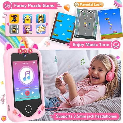Kids Smart Phone for Girls Gifts - Toddler Christmas Birthday Gift for Age 3 4 5 6 Year Old, Kids Cell Phone Toy with 2.8” Touchscreen, Dual Cameras, Learning, Play Games, Video Player with 32 GB Card thumbnail 6