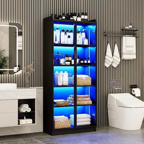 Dystler Display Cabinet with Doors and Adjustable Shelves, 65" Tall Bookcase with LED Lights/Human Sensor, 5 Tier Display Case for Collectibles Bedroom Living Room Office, Black thumbnail 9