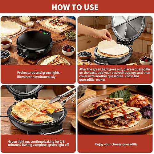 Quesadilla Maker 10 Inch, 900W Dual Heating, 6 Wedges in 3 Mins, Nonstick Plates Easy to Clean, Locking Latch, Safe & Steady, Black thumbnail 8