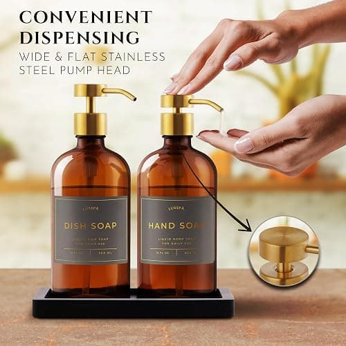 Glass Soap Dispenser Set of 2 (Amber) with Silicone Tray | Hand and Dish Soap Dispenser for Kitchen and Bathroom | 16.8 Oz Glass Bottles with Stainless Steel Pump & 15 Waterproof Labels (Amber/Gold) thumbnail 4