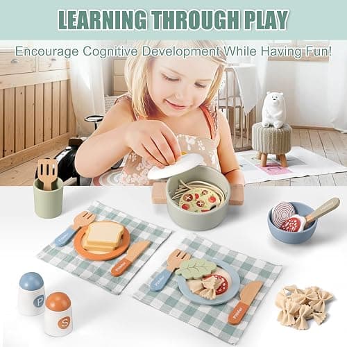 Pithfor Wooden Play Cooking Set, Pretend Play Kitchen Accessories Toys Set for Kids Toddlers, Including Play Dishes, Pot and Pan, Utensils, Gifts for 3 4 5 Years Old Girls Boys thumbnail 7