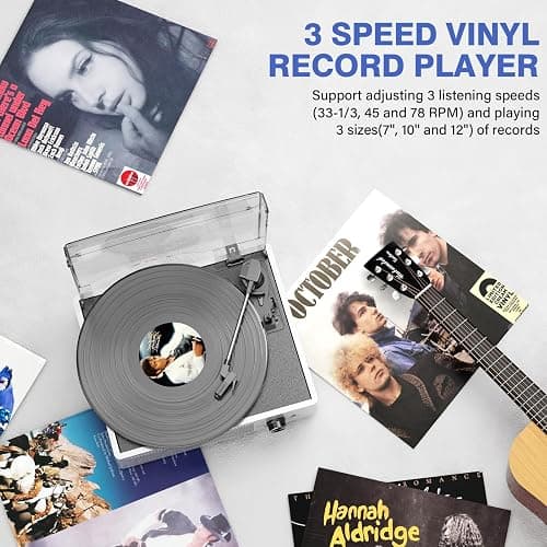 Vinyl Record Player with 2 Stereo Speakers Belt-Driven Vintage Turntables 3 Speed 3 Size Wireless Bluetooth Playback AUX-in RCA Out Headphone LP Vinyl Players Auto Stop Pale Silver thumbnail 5