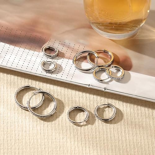 5 Pairs Stacking Huggie Hoop Earrings for Women, Cubic Zirconia 14K Gold Plated 316L SurgicalSteel, Hypoallergenic Cartilage Earrings for Multi-Piercing (13-23mm) thumbnail 7