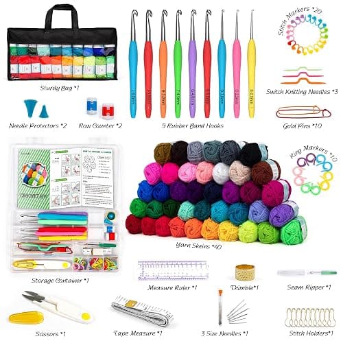 INSCRAFT 113 Piece Crochet Kit with Yarn Set– 1600 Yards Assorted Yarn for Knitting and Crochet, 73PCS Crochet Accessories Set Including Ergonomic Hooks, Knitting Needles & More Ideal Beginner Kit thumbnail 2