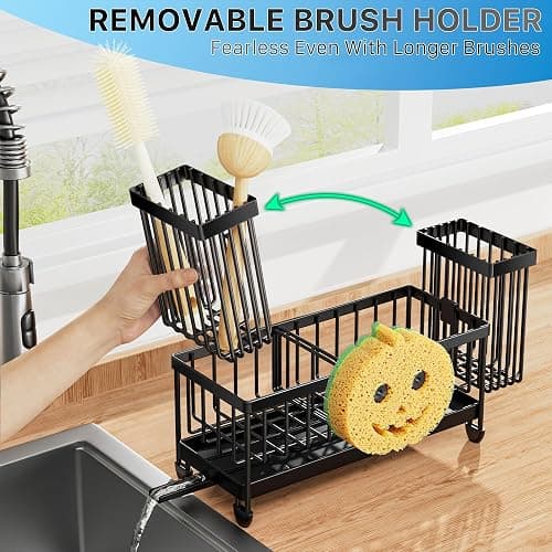 Cisily Sponge Holder for Kitchen Sink, Sink Caddy Organizer with High Brush Holder, Kitchen Countertop Organizers and Storage Essentials, Rustproof 304 Stainless Steel (Black with Smiley Face, 9.25″) thumbnail 4