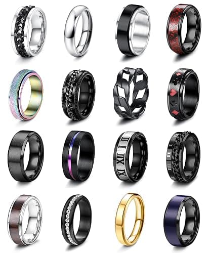 Besteel 16Pcs Stainless Steel Fidget Rings for Men Women Stress Anxiety Relief Rings Black Cool Chain Band Spinner Rings Set for Wedding Promise Mens Rings Pack - Image 1