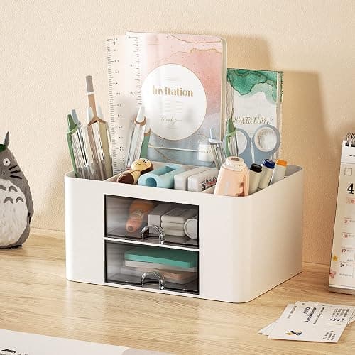 Marbrasse Pen Organizer with 2 Drawer, Multi-Functional Pencil Holder for Desk, Desk Organizers and Accessories with 5 Compartments + Drawer for Office Art Supplies (White) thumbnail 2
