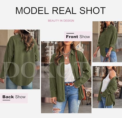 Dokotoo Womens Corduroy Button Down Shirts Boyfriend Long Sleeve Oversized Blouses Tops thumbnail 4