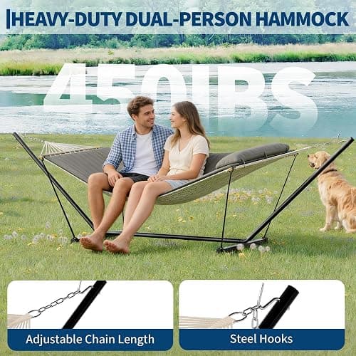Garvee 2 Person Portable Double Hammock for Outdoor with Pillow, Heavy Duty Portable Hammock with Adjustable Steel Stand for Patio, Garden, Beach, Backyard thumbnail 4