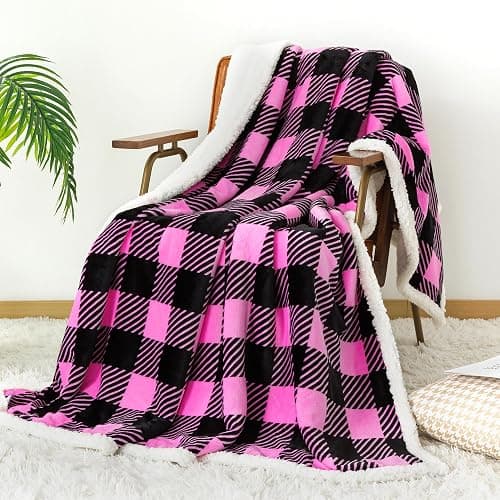 Touchat Sherpa Plaid Twin Blanket 60" X 70", Fuzzy Fluffy Soft Cozy Throw Blanket, Twin Size Plush Fleece Flannel Plush Microfiber Blanket for Couch Bed Sofa (Rosepink) thumbnail 5