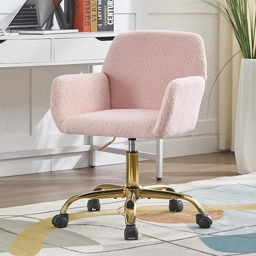 KCC Faux Fur Vanity Makeup Desk Chair, Comfy Fluffy Swivel Modern Leisure Armchair with Wheels, Upholstered Fuzzy Height Adjustable for Teens Women Girls Elegant Home Office, Pink thumbnail 2