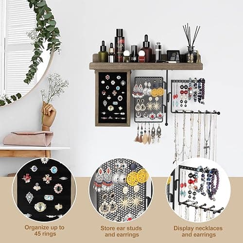 SOLIMINTR Hanging Jewelry Organizer Wall Mount Holder with Rustic Wood Shelf, Ring Display Box, Ear Studs Earring Holder, Rotating Necklace for Gothic Goth Accessories thumbnail 4