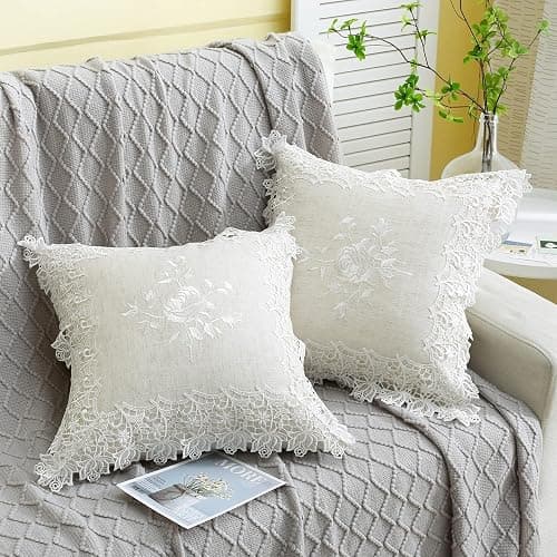 K MASANIJI 2 Pack Embroidered Spring Floral Throw Pillow Cover 18x18 inches, Farmhouse Off White Rose Lace Linen Blended Pillow Shams, Decorative (White Rose, Linen Blended) thumbnail 2