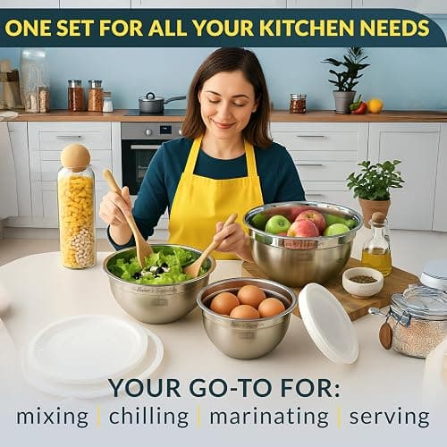 Baker's Signature Stainless Steel Mixing Bowls With Lid, Metal Mixing Bowl Set Of 3, Nesting Set For Food Prep, Baking,Storage, Cooking, Serving | Dishwasher Safe, Silver, 1.5/3/5 Qt thumbnail 6