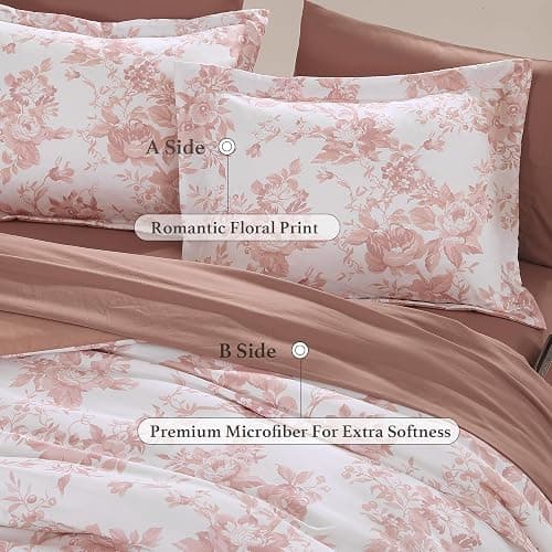 BLOOMHAVEN Queen Comforter Set -7 Pieces Pink Floral Comforter Set thumbnail 5