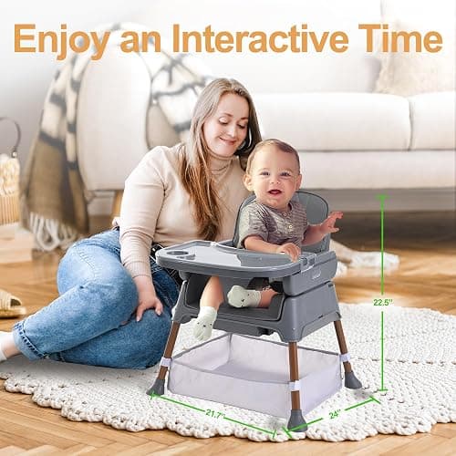 Hrusitoo 3 in 1 Convertible Baby High Chair – Adjustable Infant Feeding Chair for Babies & Toddlers, Modern Compact Baby Dining Chair with Removable Tray & Safety Harness, Gray Ink thumbnail 2