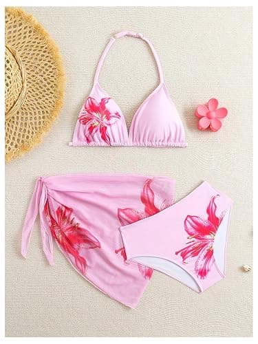 SHENHE Girl's 3 Piece Swimsuits Cute Halter Triangle Bikini Bathing Suit with Beach Cover Up thumbnail 2