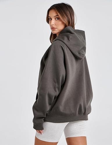 Lauweion Women Solid Basic Fleece Letter Loose Hoodie Sweatshirt Long Sleeve Kangaroo Pocket Drop Shoulder Pullovers Top - Small - Dark Grey thumbnail 3