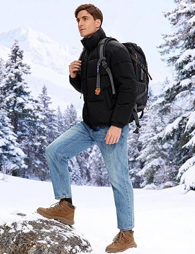 PEHMEA Men’s Puffer Jacket Stand Collar Zipper Coat with Pockets Retro Bubble Outwear for Winter thumbnail 5