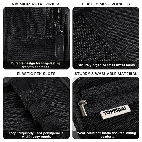 TOPBIDAI Large Pencil Case Pouch for Boy Men Kids Adults, Big Capacity Canvas Pencil Bag, Office College School Multi Compartment Zipper Stationery Pen Bag (Black) - Black thumbnail 5