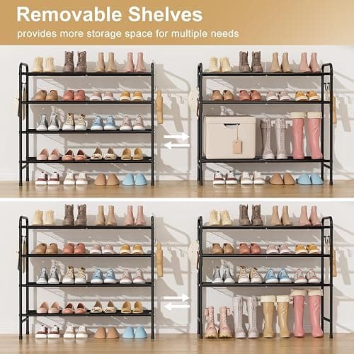 VILICK 4-Tier Shoe Rack 33" Wide Metal Shoe Organizer Long Shoe Storage with 4 Side Hooks Sturdy Shoes Shelf for Closet, Front Door Entrance, Garage, Dorm, Black thumbnail 6