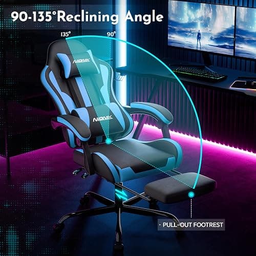 NIONIK Gaming Chair, Ergonomic Computer Chair with Footrest and Lumbar Support, Height Adjustable Game Chair with 360°-Swivel Seat and Headrest and for Office or Gaming BlackBlue thumbnail 4