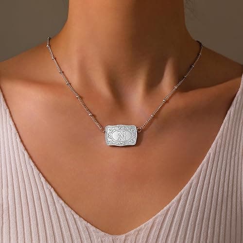 Kwkppz Mini Belt Buckle Initial Necklace for Women, 18K Gold/Silver Plated Initial Letter Pendant, Belt Buckle Necklace with Initial, Unique Western Jewelry Gifts for Women thumbnail 2