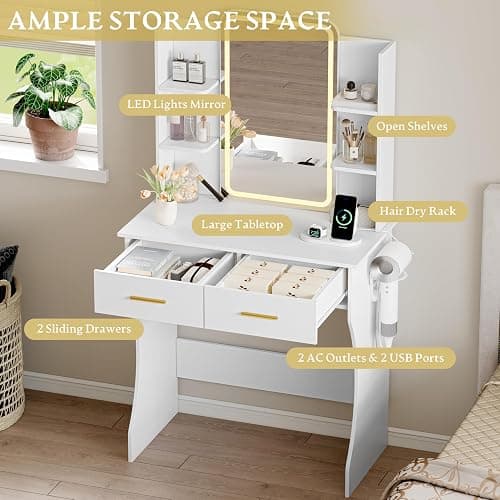 Xixini Vanity Desk with LED Lights Mirror & Power Outlet, Small Makeup Vanity Table Set with Storage Drawers, 3 Lighting Modes & Adjustable Brightness, Dressing Table for Women Girls Bedroom, White thumbnail 6