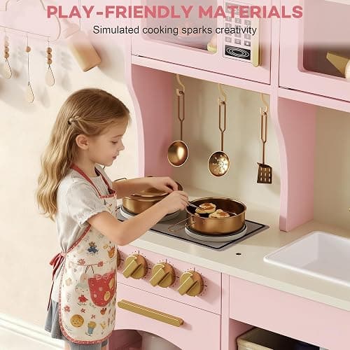 knoworld Play Kitchen for Kids, Wooden Toy Kitchen Set with Smart Storage & Accessories, Toddler Kitchen Playset with Stove & Oven, Pretend Play Set, Gift for Ages 3+, Pink thumbnail 6