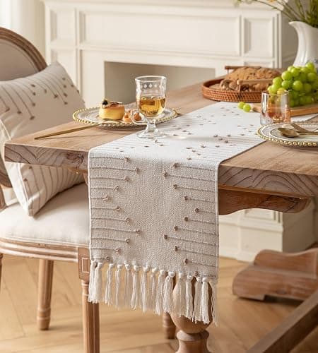 Boho Table Runner 13 x 72 Inch Long Natural Cotton Woven Runner with Tassels for Home Dining Table décor, for Modern Farmhouse Decor Coffee Table Runner, Taupe and Beige thumbnail 4